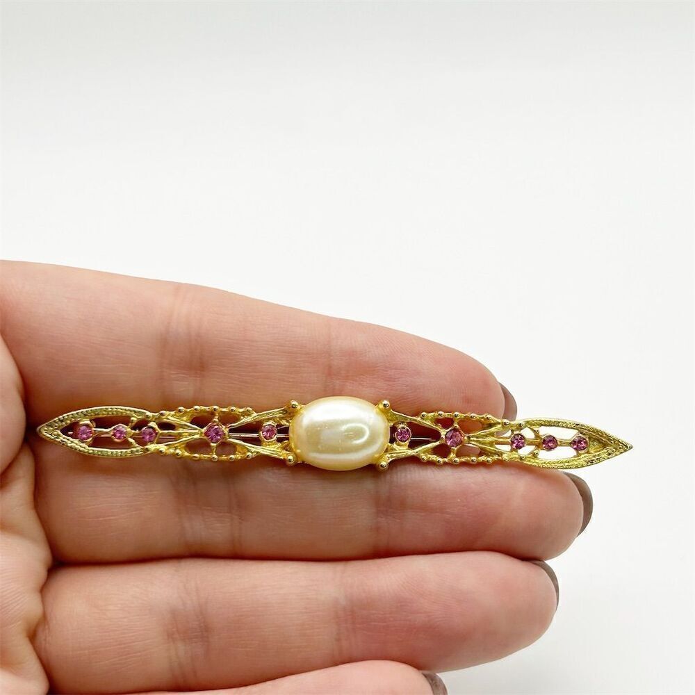 Vintage Long Gold Tone Bar Brooch with Cabochon Faux Pearl & Pink Rhinestones